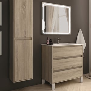 Meuble de salle de bain simple vasque - 3 tiroirs - TIRIS 3C et miroir Led STAM - cambrian (chêne) - 80cm