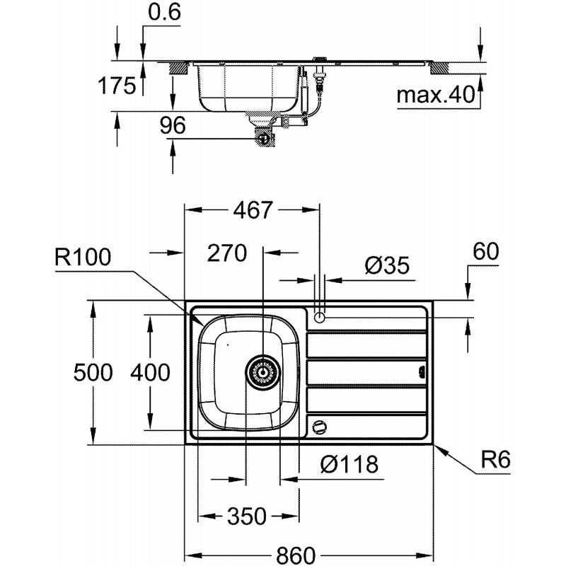 GROHE Evier 1 cuve avec égouttoir réversible en acier inoxydable K200 - 8