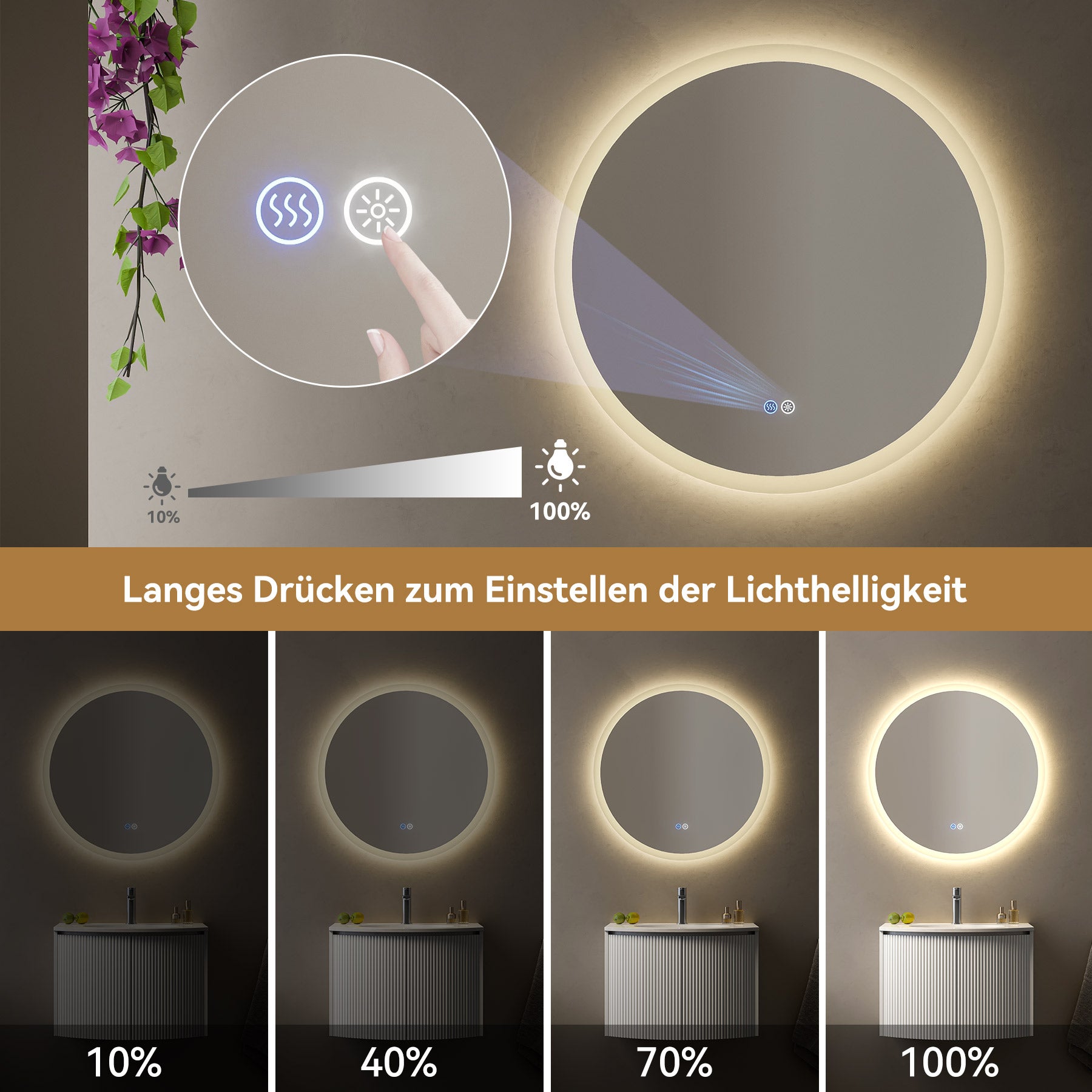 Specchio da bagno a LED 80 cm, rotondo, dimmerabile, 3 luce naturale, antiappannamento, IP44, HOROW - 6