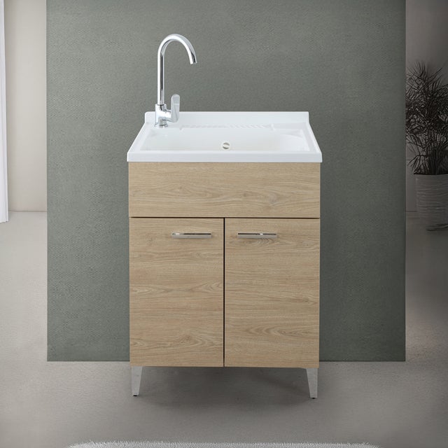Mobile lavatoio 60x50 cm rovere con vasca in resina e asse lavapanni