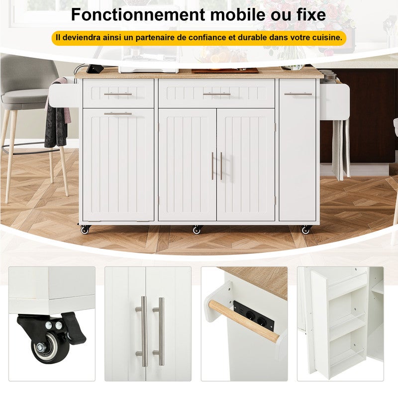 Îlot de Cuisine Mobile avec Rallonge Extensible 135 x 40-70 x 90 cm, meuble rangement mobile avec Plan de Travail, Poubelle Intégrée et Prises, Blanc - 7