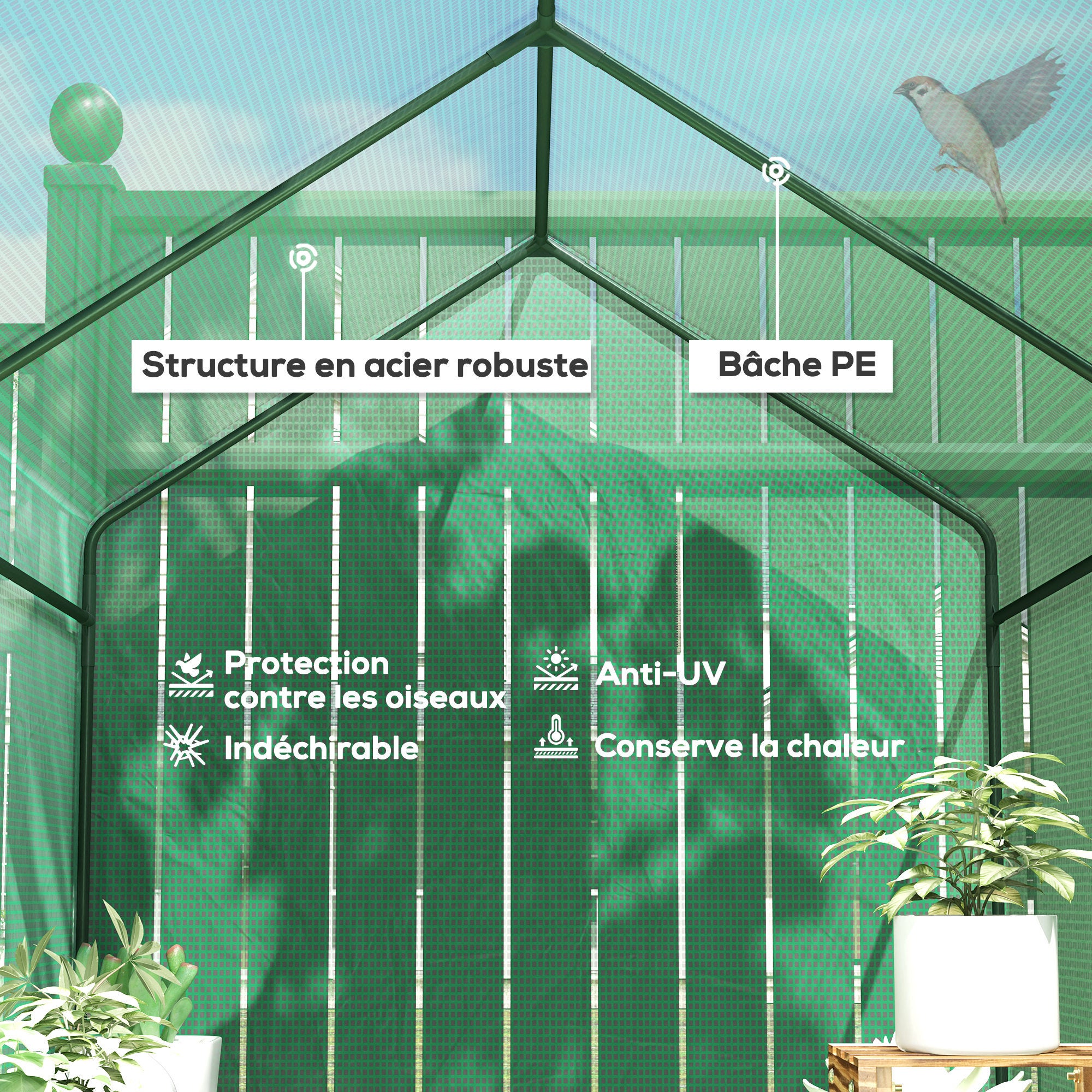 Serre de Jardin - Outsunny - étagère 2 niveaux porte zippée enroulable - bâche renforcée 140 g/m², châssis en acier - vert - 4