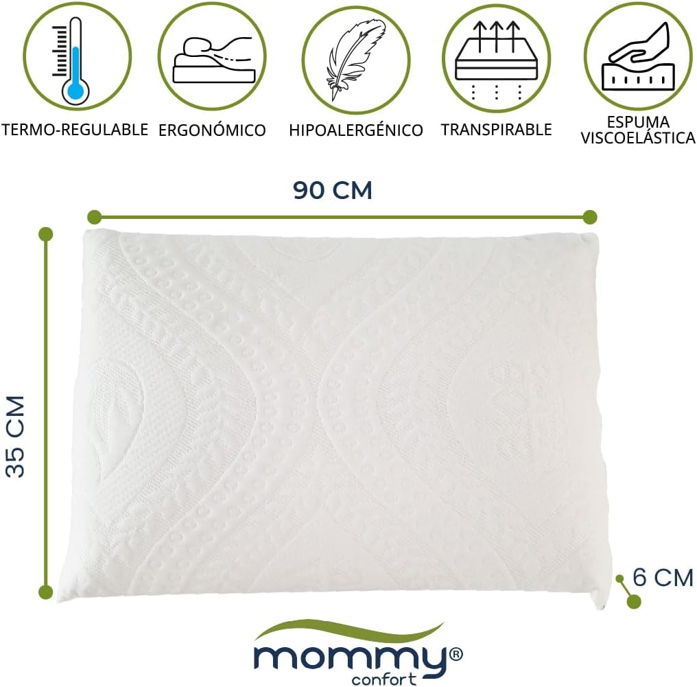 Almohada Infantil Viscoelástica 90x35x6cm – Almohada Transpirable para Niños 2–8 Años – Almohada Cuna Bebe + Cama 90cm – Hipoalergénica+Suave+ Lavable - 2