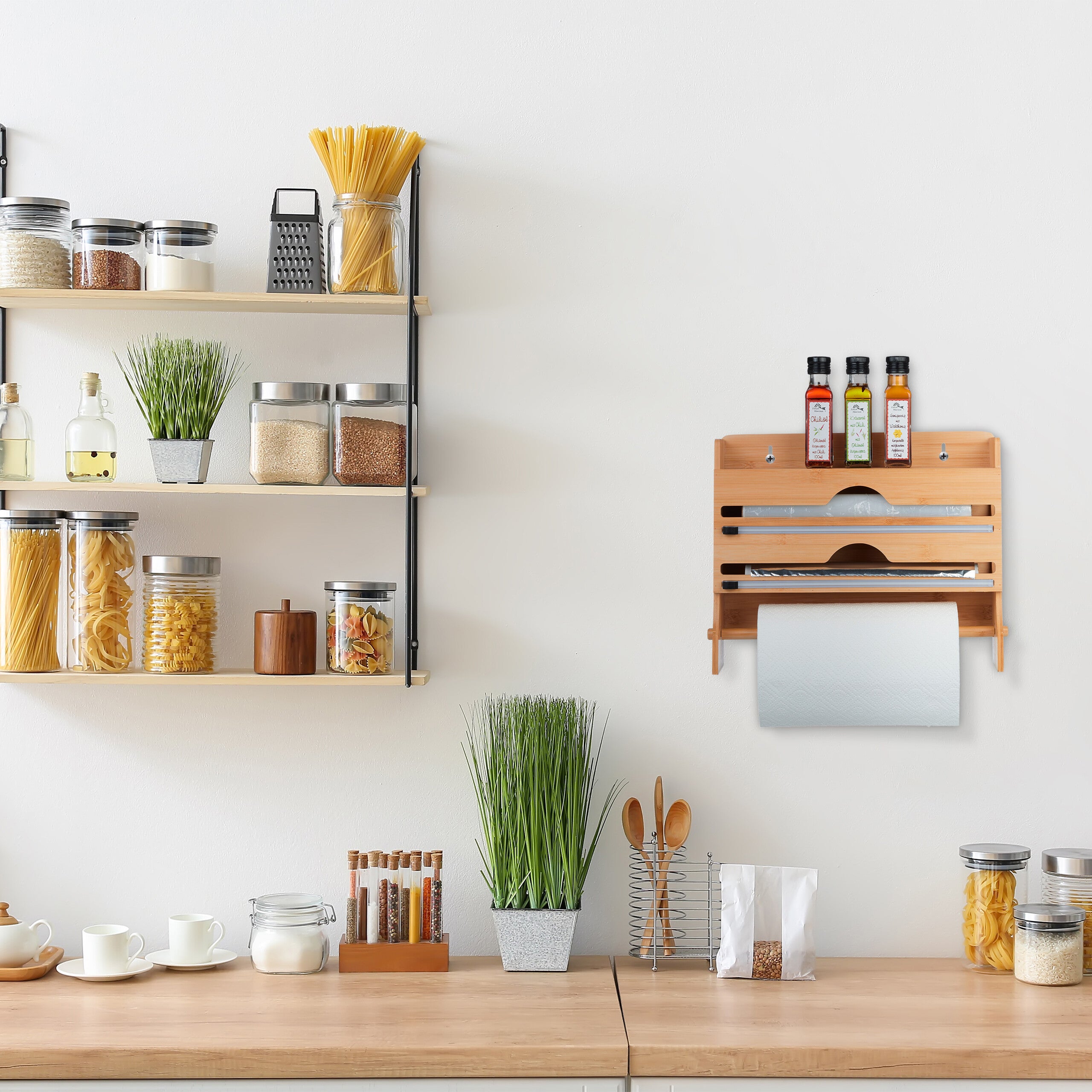 Distributeur Aluminium Et Film Alimentaire En Bambou – Avec Coupe, Rangement Mural Ou Tiroir, 2 En 1 Pratique - 3