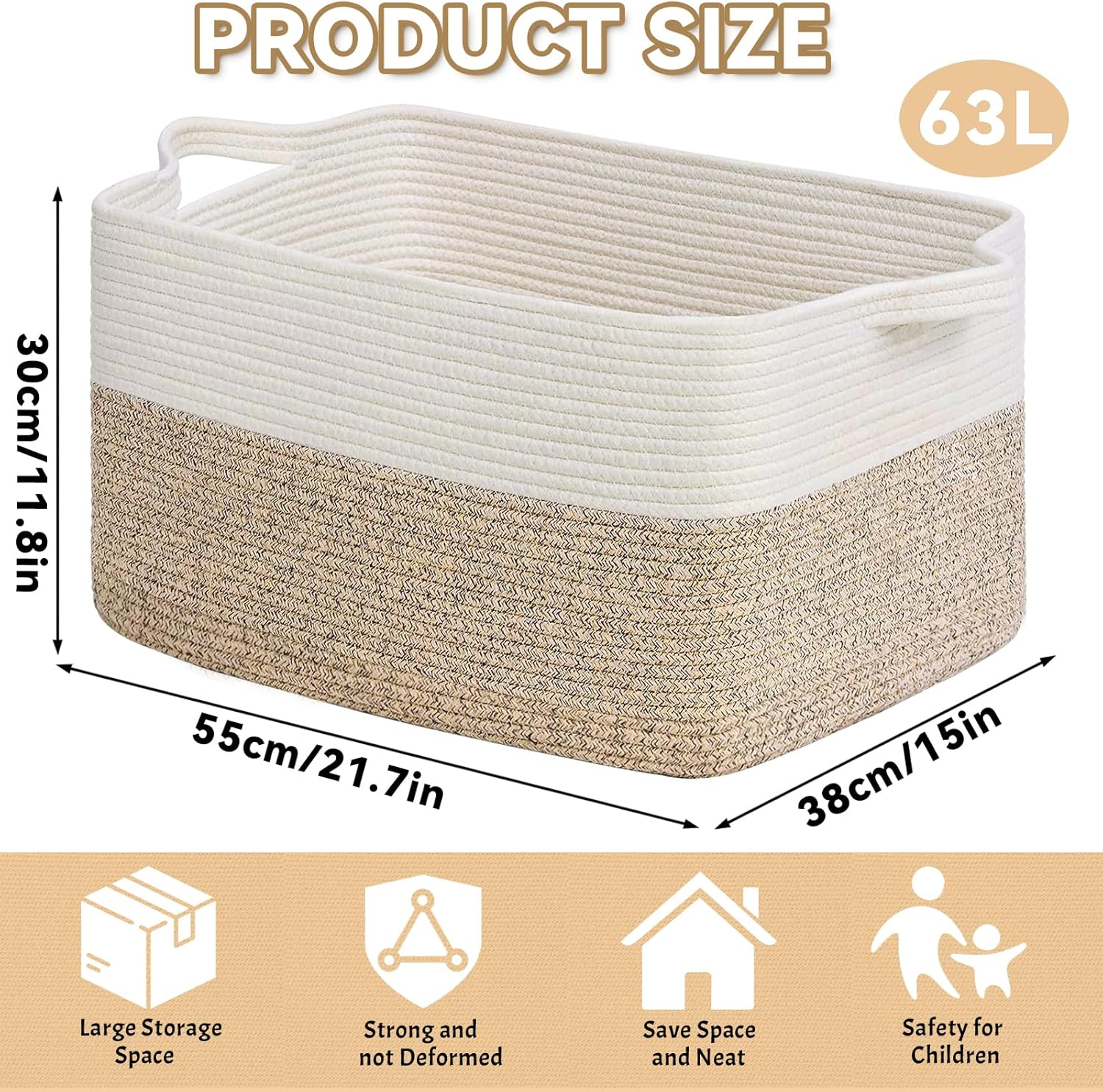 Casaphoria Panier à linge en corde de coton tissé avec poignée de rangement pour couettes, coussins, fils - Taille XXXL - 55,1 x 55,1 x 35,1 cm