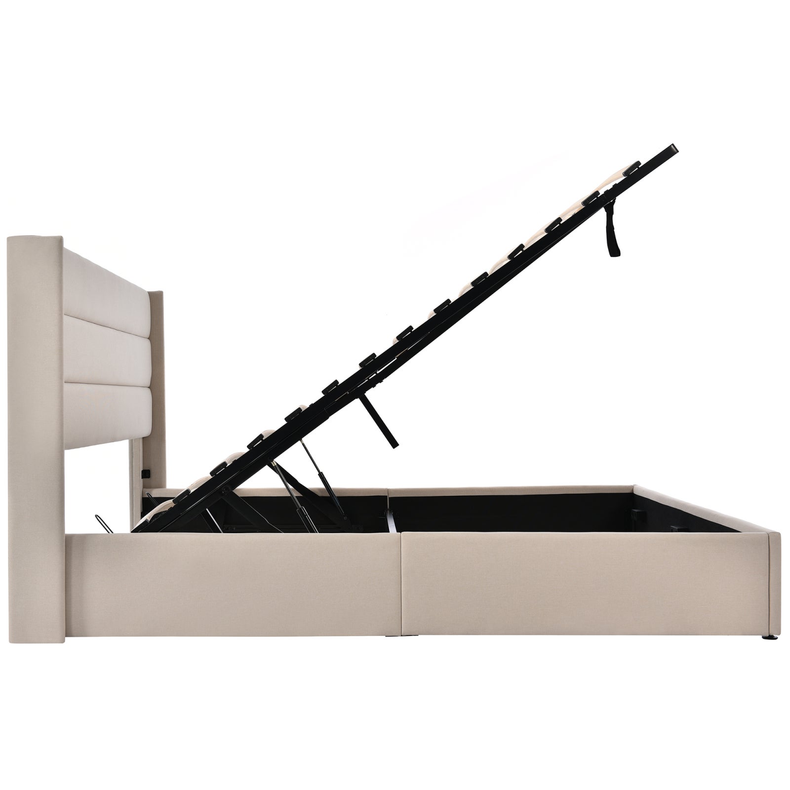 Lit coffre 160x200 avec rangement, lit double adulte avec sommier, structure métallique, revêtement en lin, grand espace de rangement - Beige - 8
