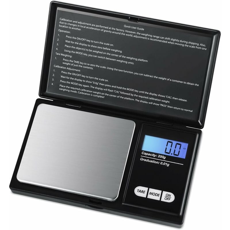 Precyzyjna waga 200 g/0,01 g, mała waga o wysokiej precyzji z podświetlanym ekranem LCD i funkcją tarowania (czarna)
