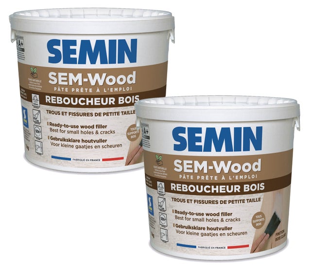 Semin - Reboucheur Bois - Traitement des Trous et Fissures - Intérieur/extérieur - Finition Bois Clair - Prêt à l’emploi - Seau de 1 kg (Lot de 2)