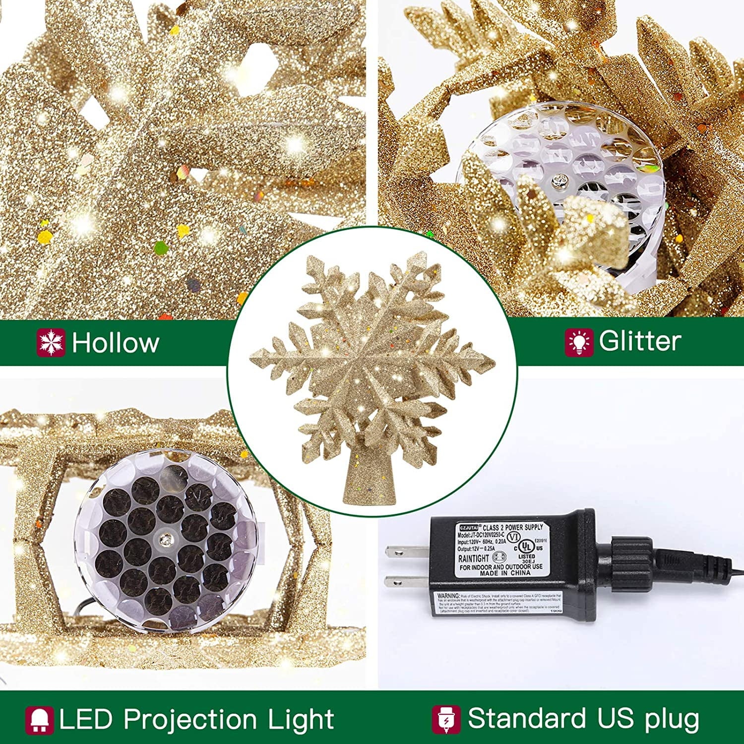 Cimier d'arbre de noël de 25cm avec projecteur de flocon de neige, flocon de neige magique rotatif à Led, ornement de noël à paillettes creuses 3D - 5