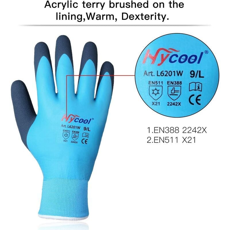 Gants de travail thermiques. Gants d'hiver imperméables double couche en nylon antidérapant bleu - 3