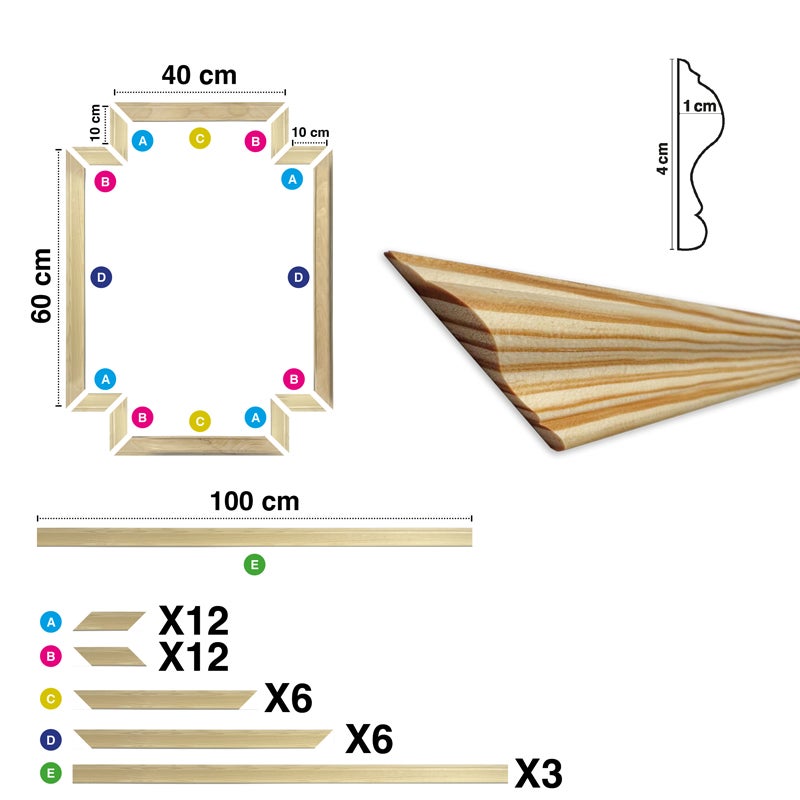 Kit de 3 moulures murales en bois - Pin des Landes - Prêt à coller et peindre - Salomé - 3 mètres - Fabrication française - 4