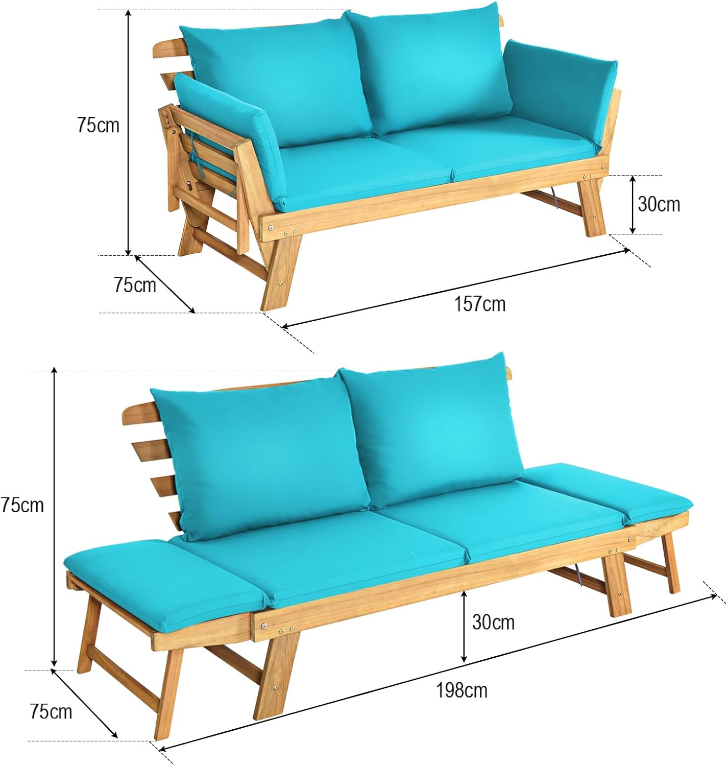 3 en 1 Canapé Lit de Jardin Extensible 2 Places Bois Acacia FSC Charge 320 KG-Accoudoirs Réglables/Coussins/Dossier Amovibles Turquois - 3