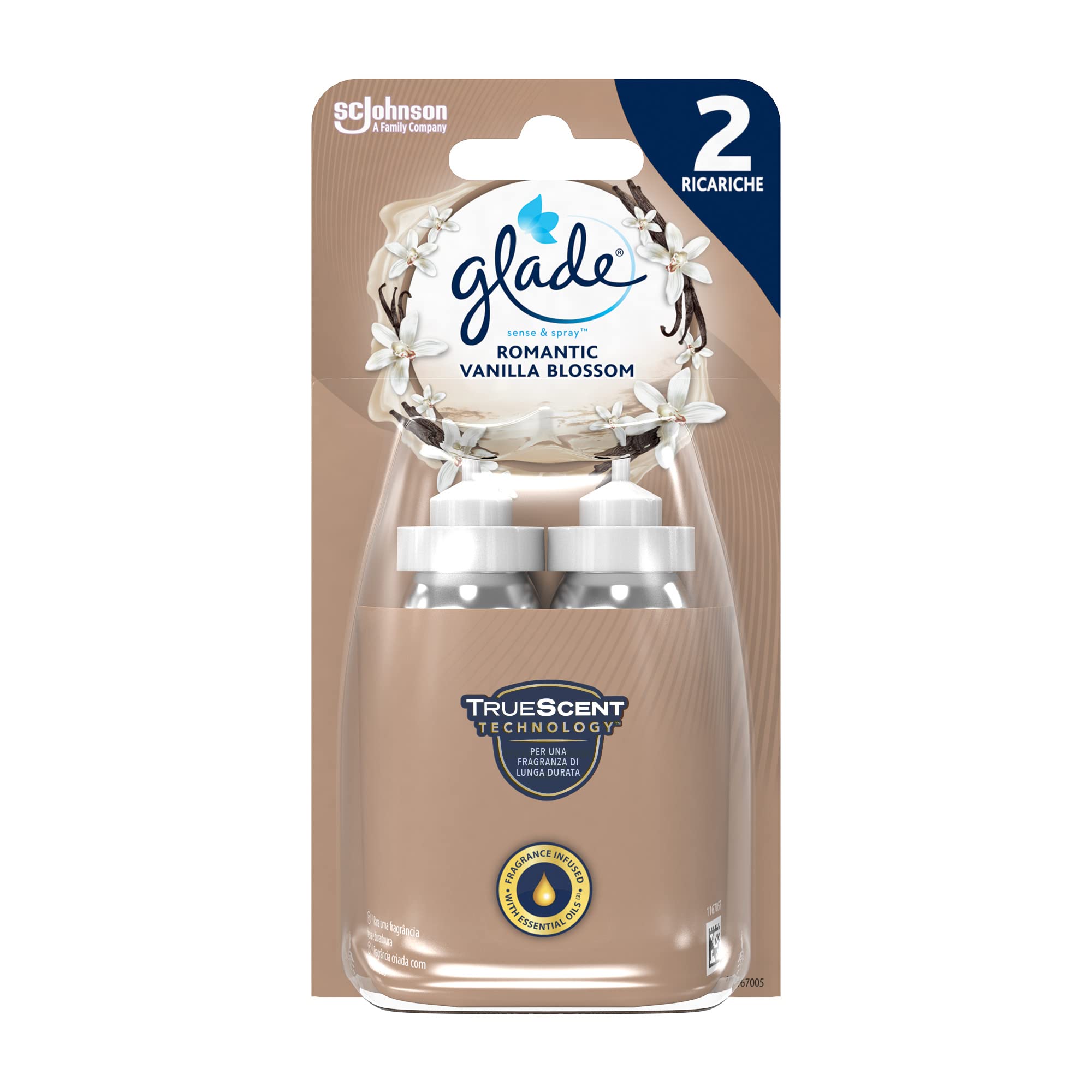 Glade Sense & Spray Doppia Ricarica, Profumatore per Ambienti con Olii Essenziali e Sensore di Movimento, Fragranza Lavanda e Gelsomino, Confezione da 2 Ricariche x 18 ml