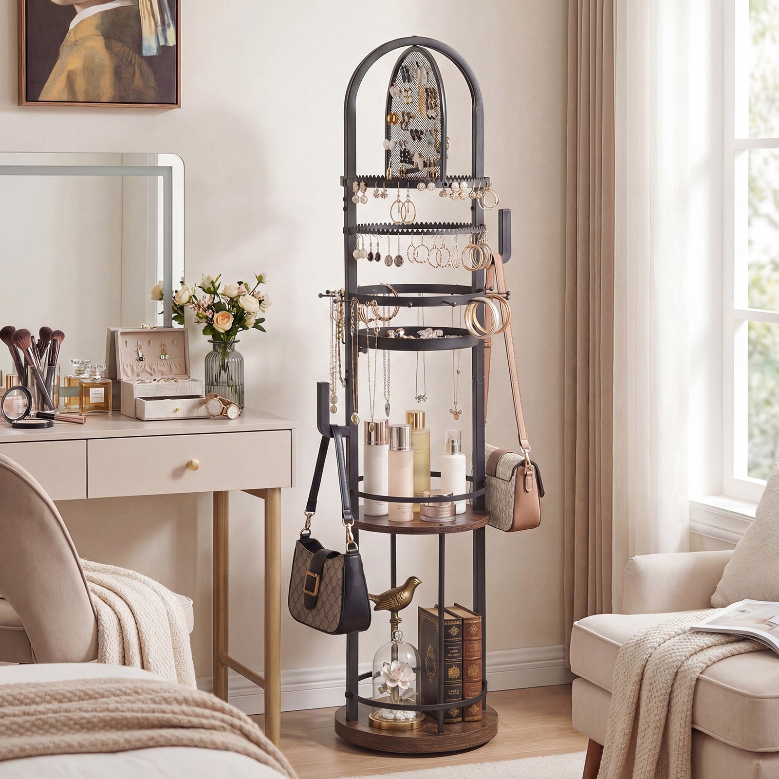 Support de Bijoux sur Pied Rotatif à 360° , Présentoir à Bijoux avec Porte-Boucles d'Oreilles, Colliers et 3 Étagères, Arbre de Rangement, Marron - 8