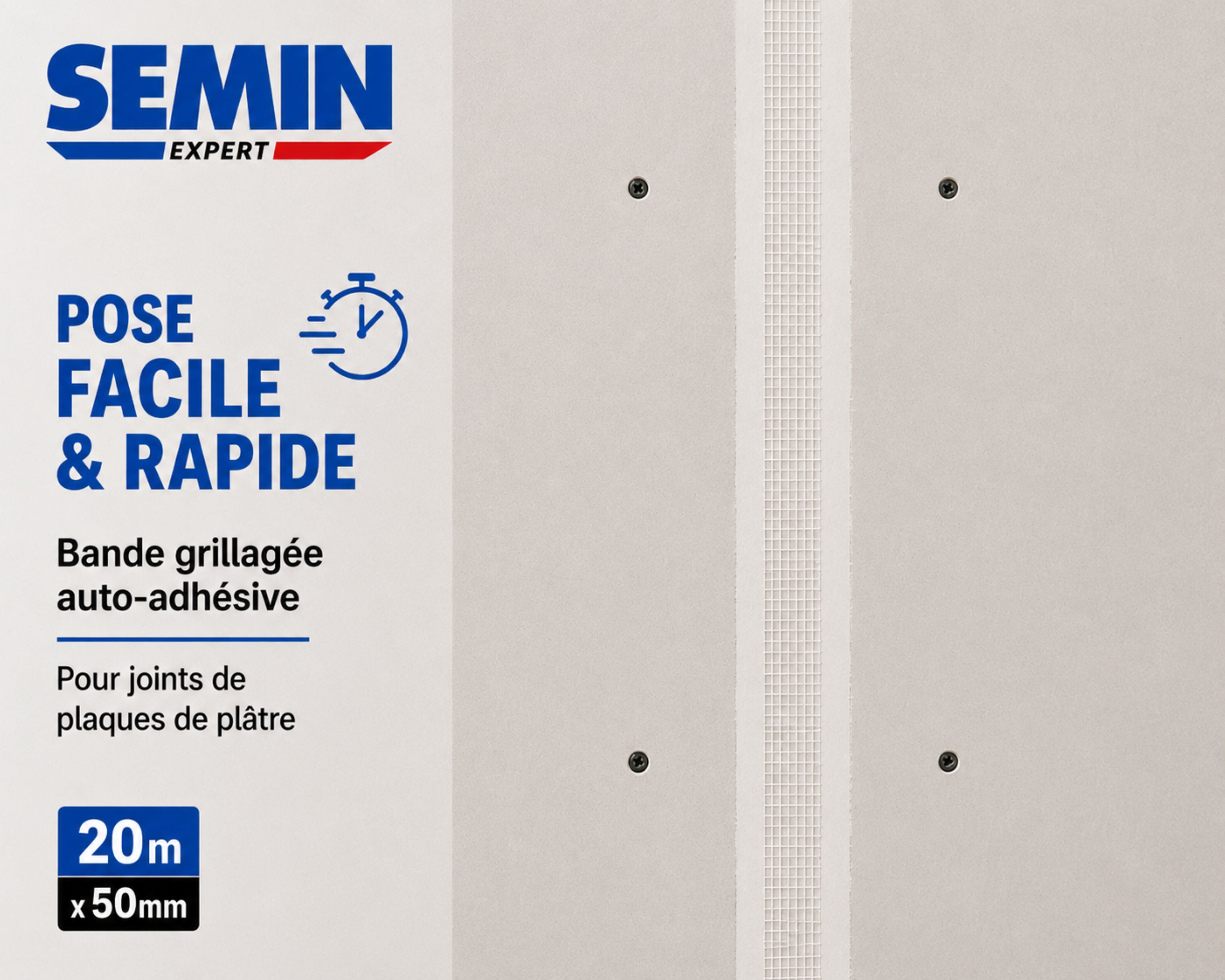Lot de 3 bandes grillagées adhésives Semin pour réaliser les joints des plaques de plâtre en association avec un enduit - 20 m - 3