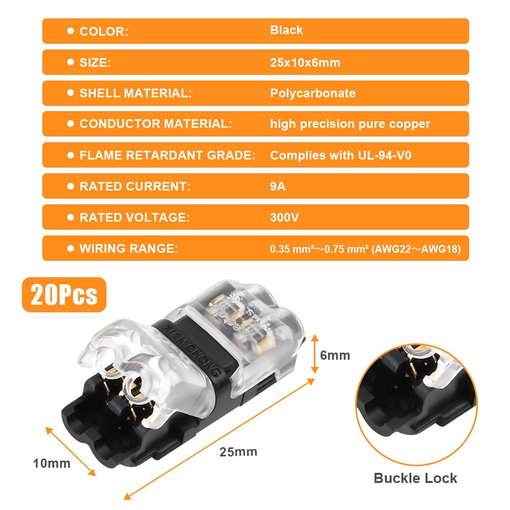 20 connettori elettrici H a 2 pin, cavi AWG 20/22, connettori rapidi per auto, luci e audio - 5