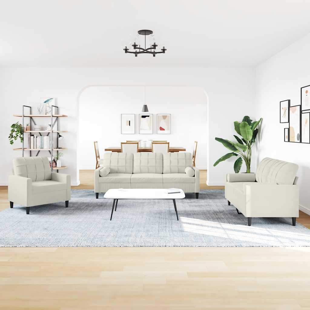 Set di Divani 3 pz con Cuscini e Rinforzi Crema in Velluto vidaXL - 4