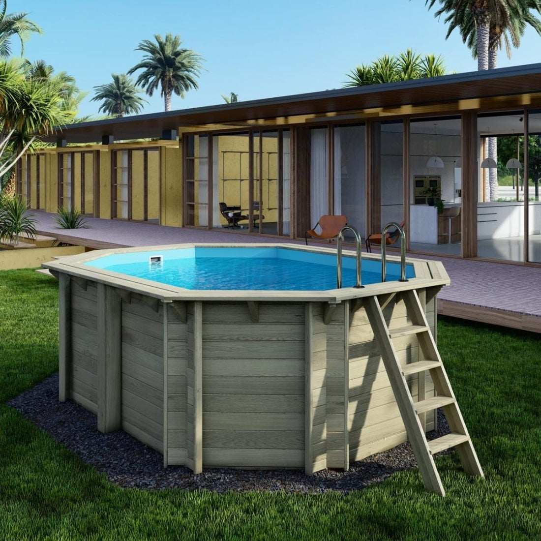 Piscină deasupra solului din lemn NEMO 4,3 x 3 - H. 1,31 m, albastru deschis, elemente de fixare pentru îngropare - BAS7303OSPI
