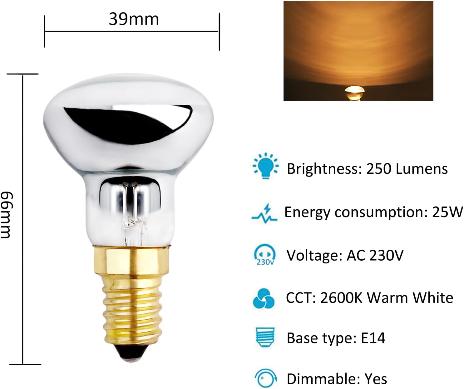 Ampoules pour lampe à lave R39 25 W, 230 V, à intensité variable, culot E14, blanc chaud 2600 K, ampoules de rechange pour lampe à lave, lot de 5 - 2