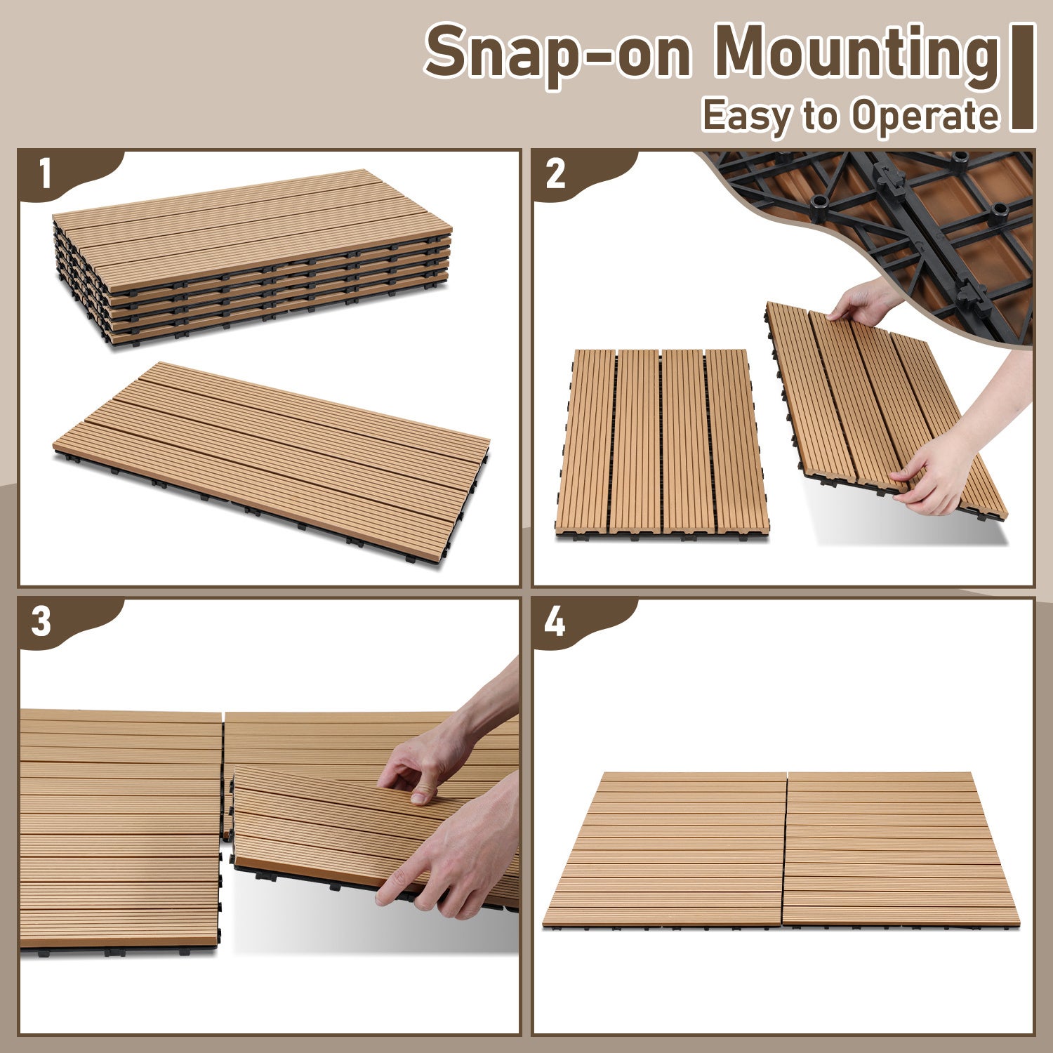 6 pièces WPC Dalles de terrasse 4 lattes 1 m², 30 x 60 cm, Dalles clipsables Composite bois Teck - 4