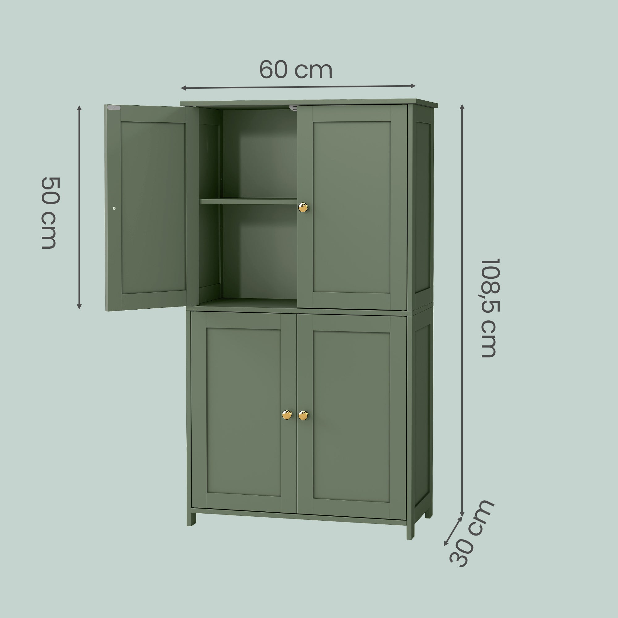 Armoire Haute de Rangement, Meuble de Cuisine avec 4 Portes, 2 Étagères Réglables, Style Shaker, Vert - 5