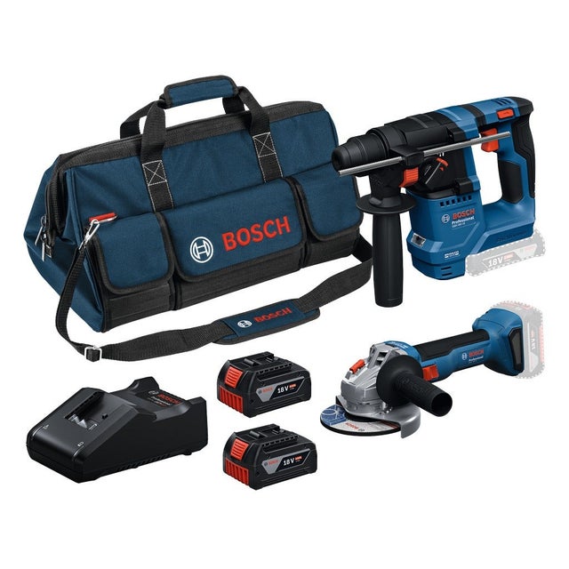 Bosch Professional - Kit 2 outils 18V : meuleuse + perforateur + 2x4Ah + chargeur + sac - 0615A50037