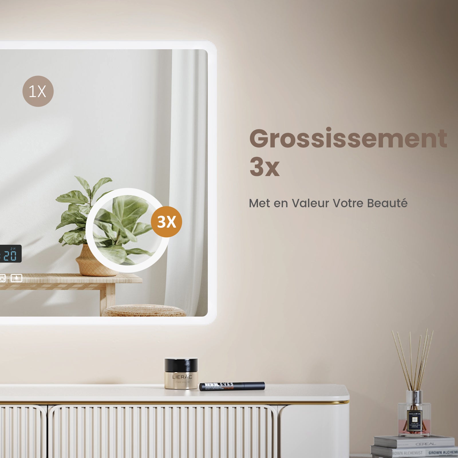 EMKE Miroir de salle de bain LED 100 x 60 cm - Bluetooth, Antibuée, 3 couleurs de lumière, intensité réglable, Grossissant 3x - 5