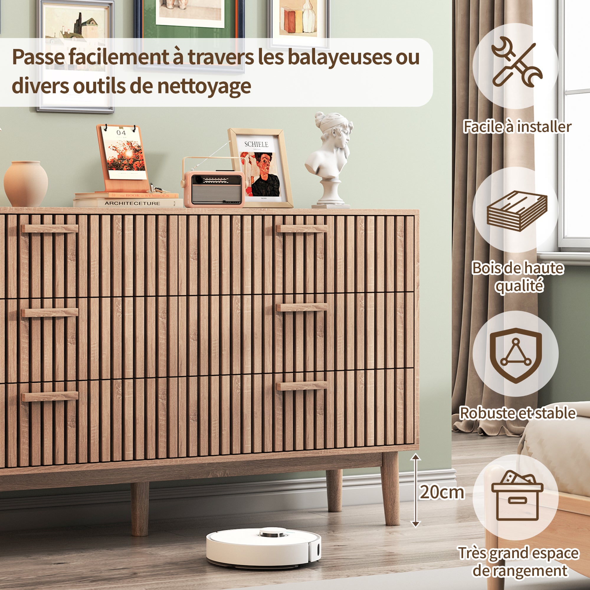 Commode 6 tiroirs en bois naturel, design moderne et minimaliste, grande capacité de rangement, structure robuste et stable pour chambre ou salon - 3
