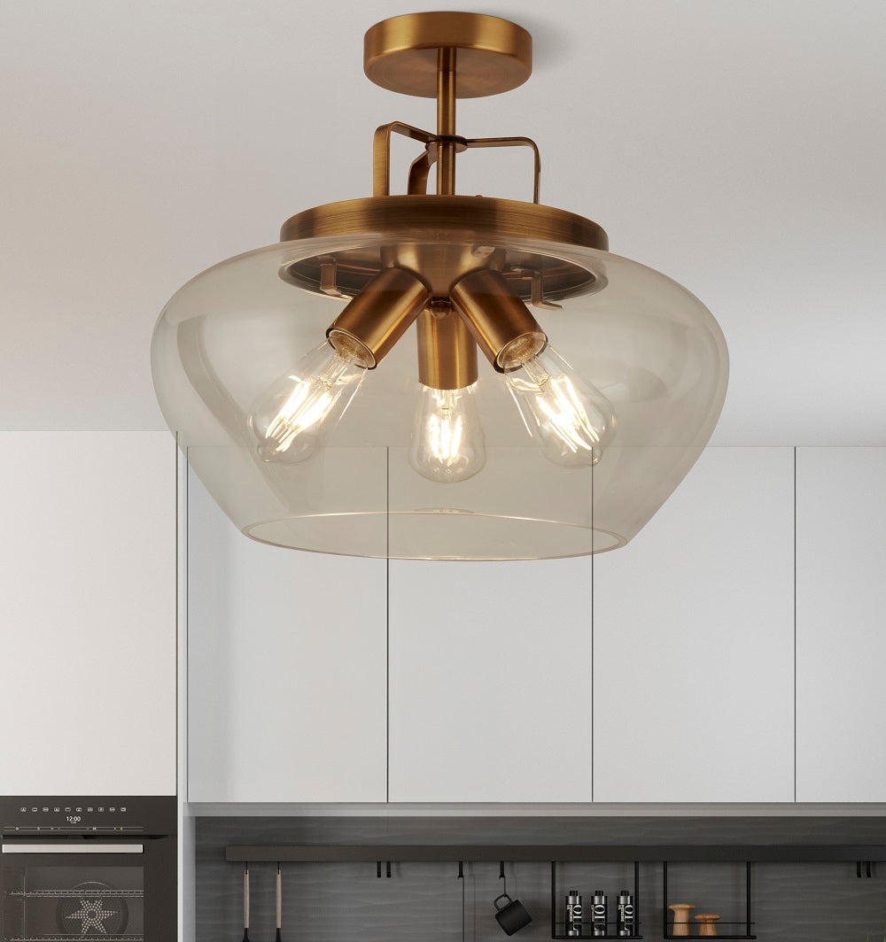 Plafonnier BOULE 3L métal bronze et verre claire E27 3x60w Diam 40cm hauteur 36cm - 6