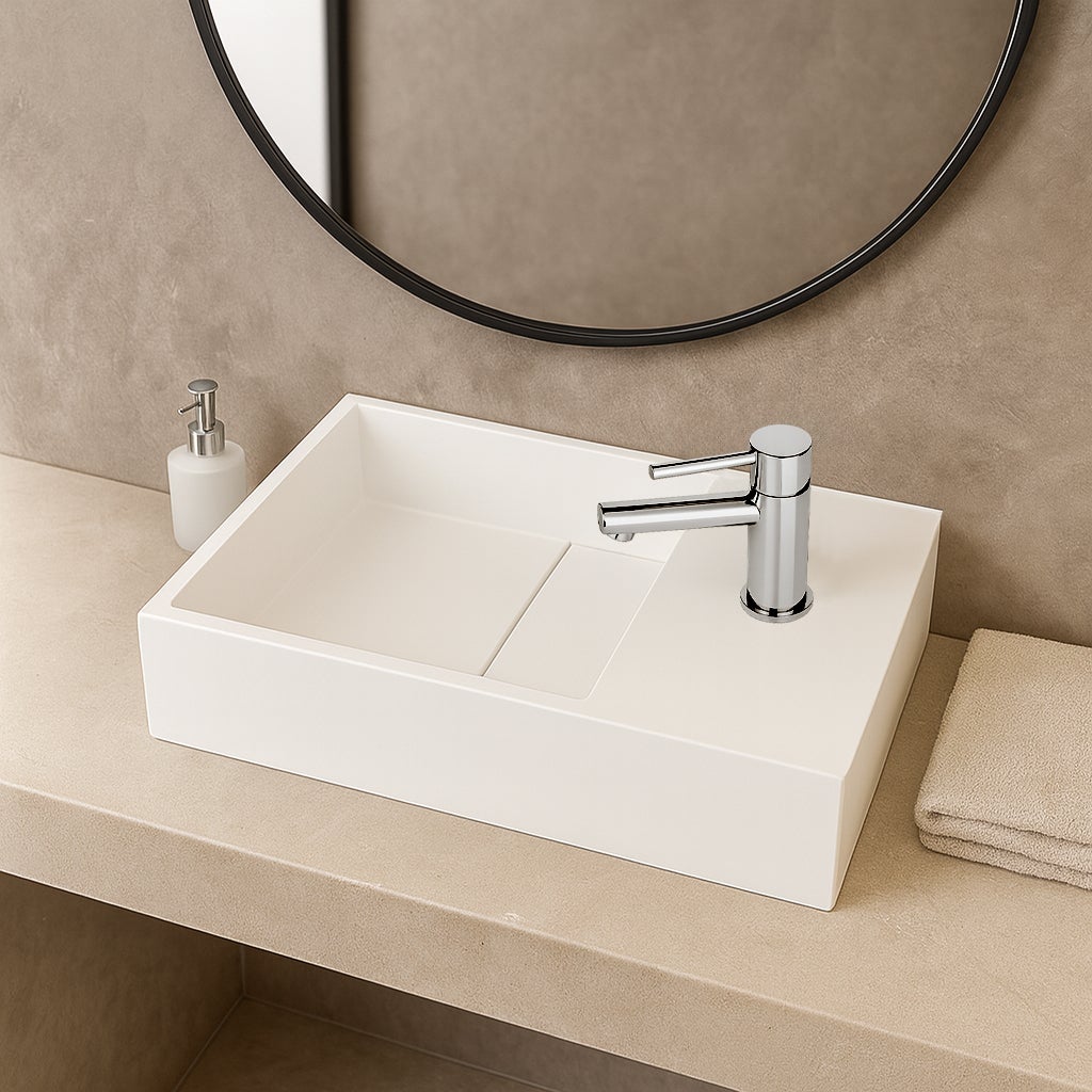 Lave-mains suspendu blanc mat MANITA D - Lavabo rectangulaire en Solid surface 35cm - 2