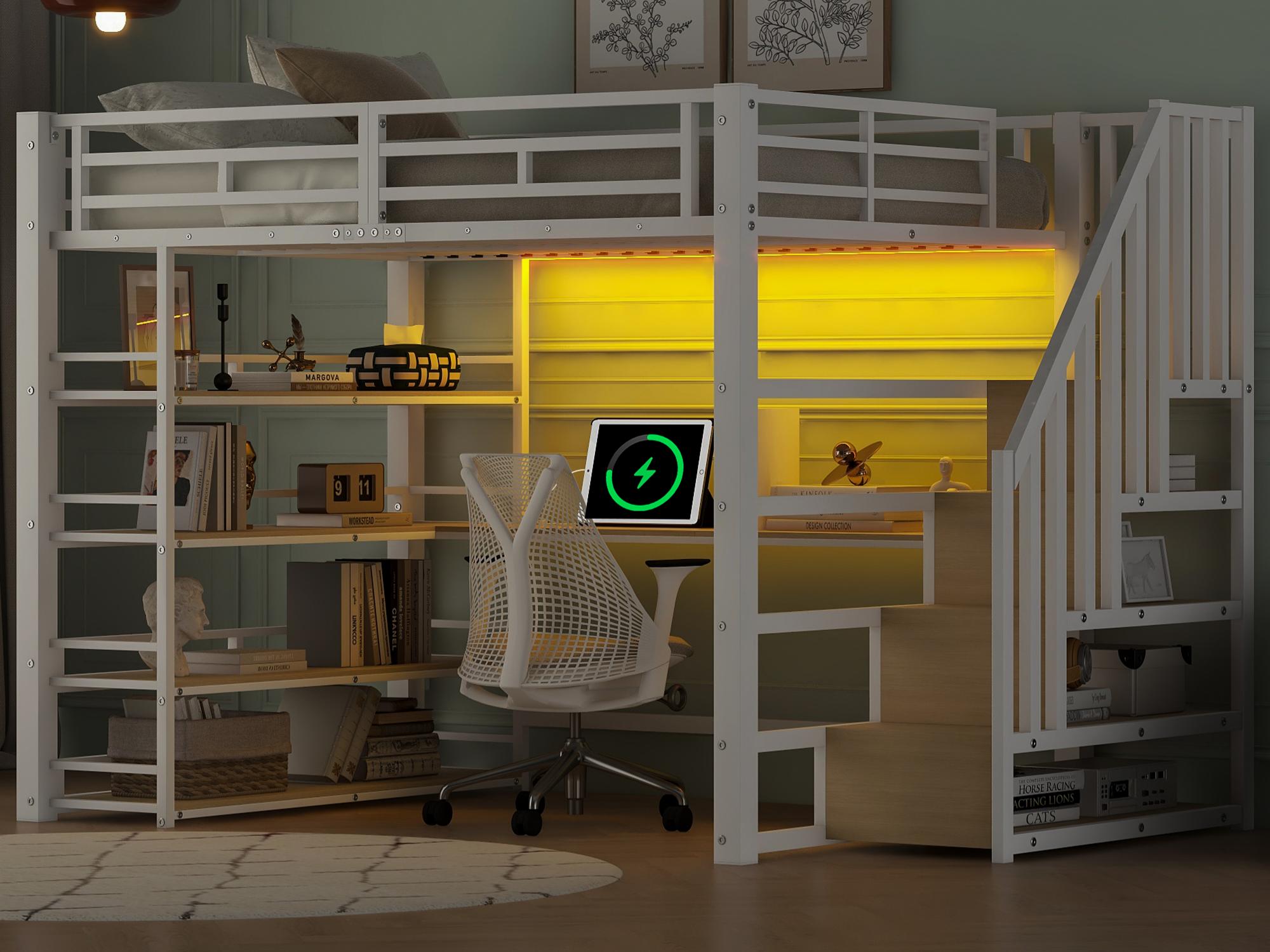 Letto A Soppalco In Metallo 140x200 Cm | Con Scrivania, Luce LED 16 Colori, Porta USB, Armadio Aperto E Ripiani