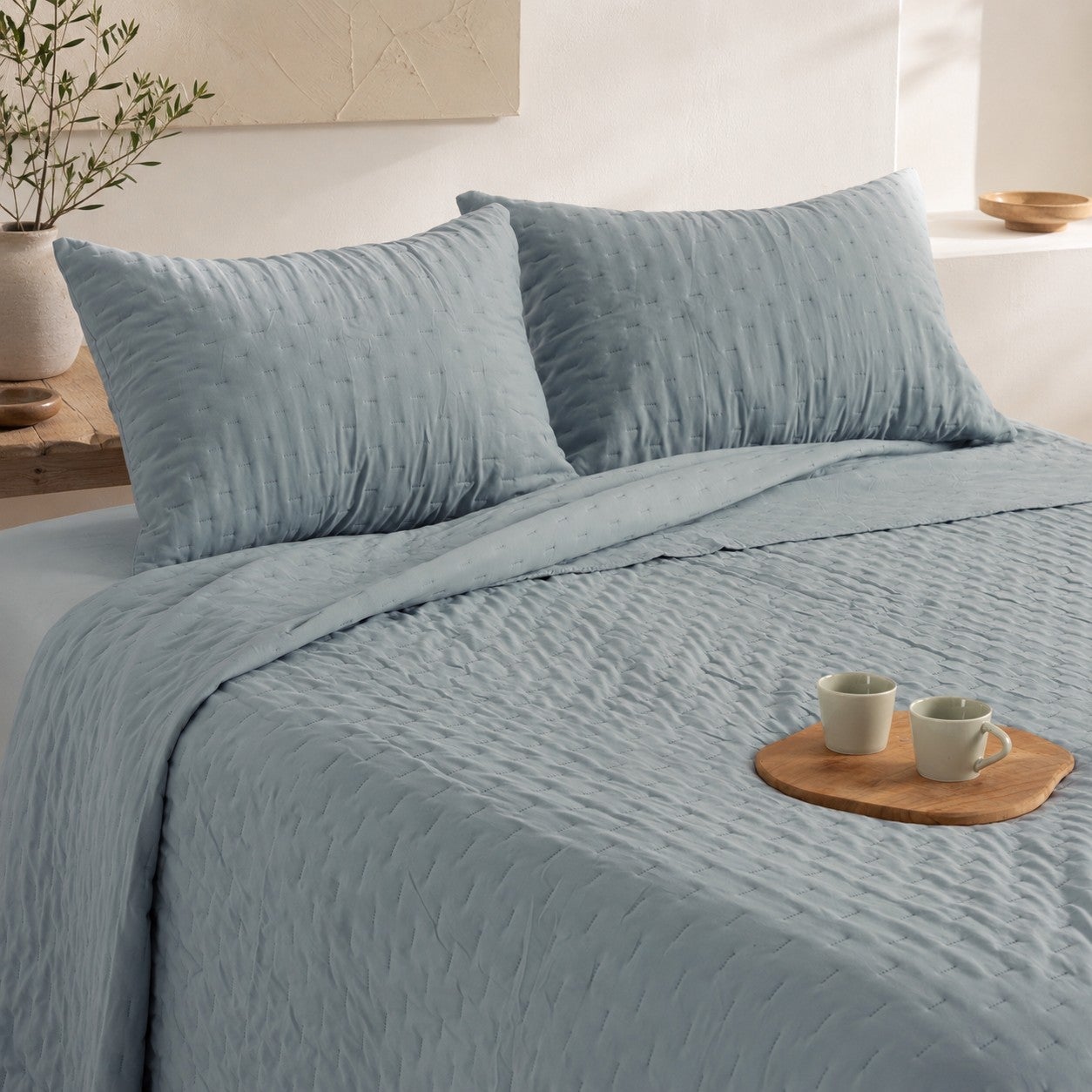 Colcha acolchada lisa cama 180 incluye fundas de almohada 270x270 + 2(50x70) cm azul - 5