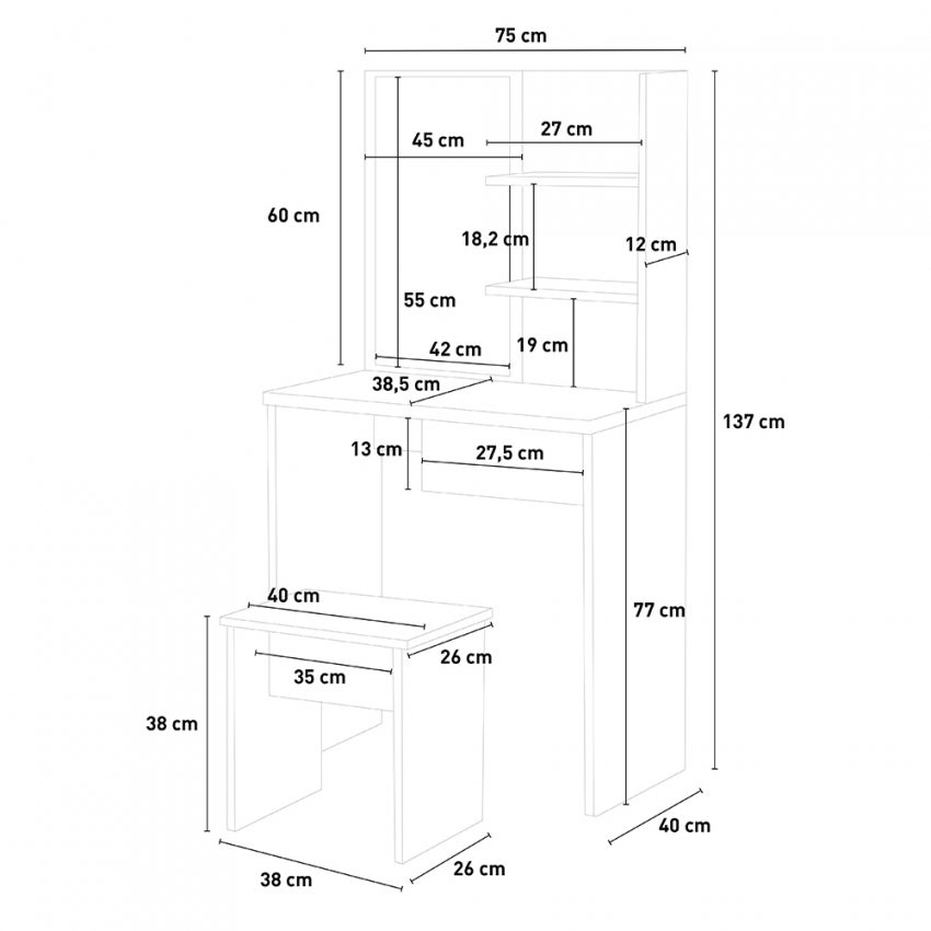 Postazione trucco mobile con specchiera cassetto e sgabello Mayca - 7