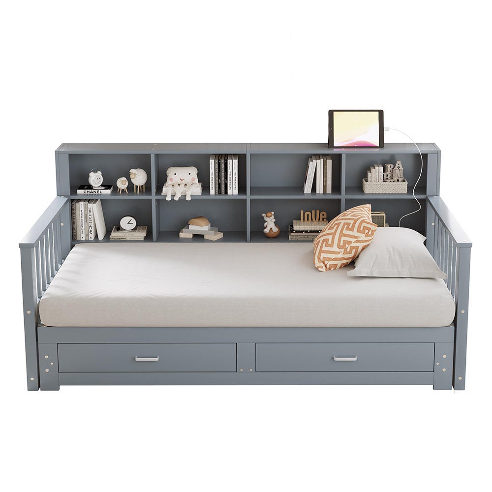 Lit combiné lit extensible bois massif 90/180x190 cm armoire de rangement avec 2 tiroirs en pin gris - 3