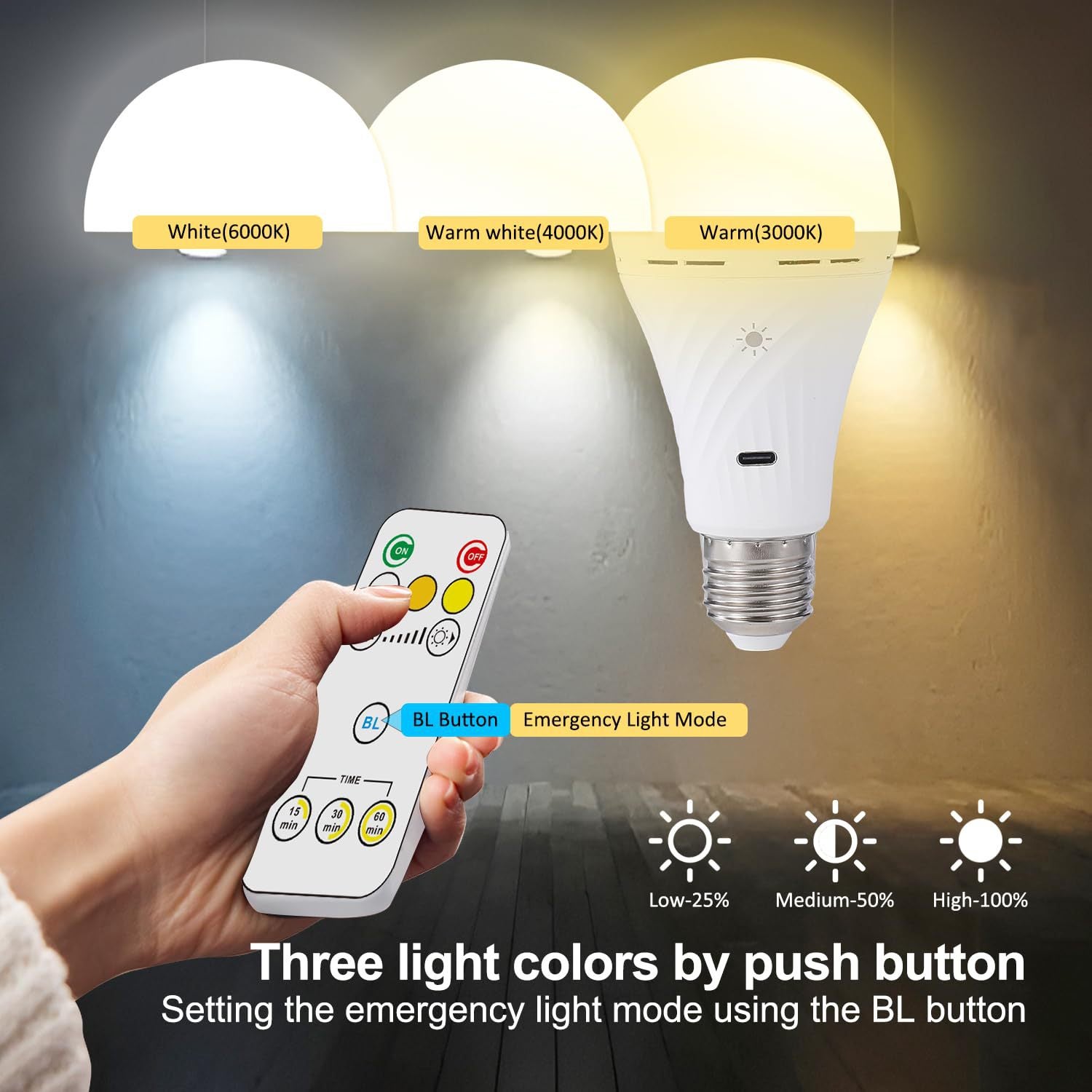 Ampoule à recharge sans fil avec télécommande, ampoule magique E27, 300 lumens,3 couleurs,intensité variable, aucun câblage requis, 2200 mAh,minuterie - 2