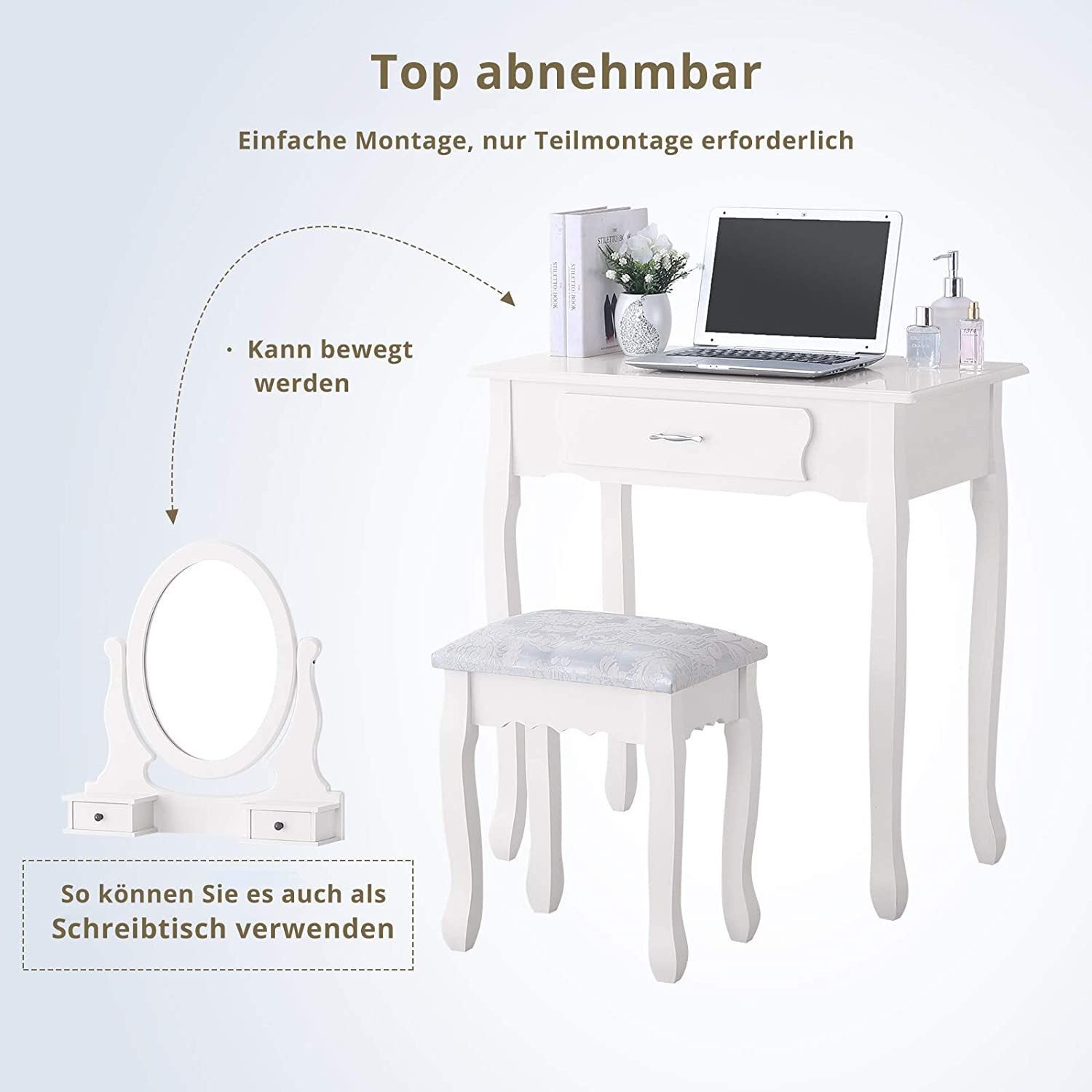 Coiffeuse avec miroir et tabouret, 3 tiroirs, miroir pivotant à 360°, style rétro-luxe, matériau MDF, blanc - 8