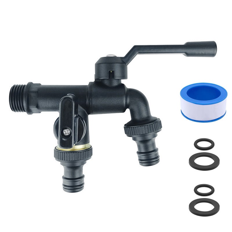 Mosiężny kran ogrodowy 1/2" z dwoma wylewkami 3/4", jednym wlotem i dwoma wylotami, czarny