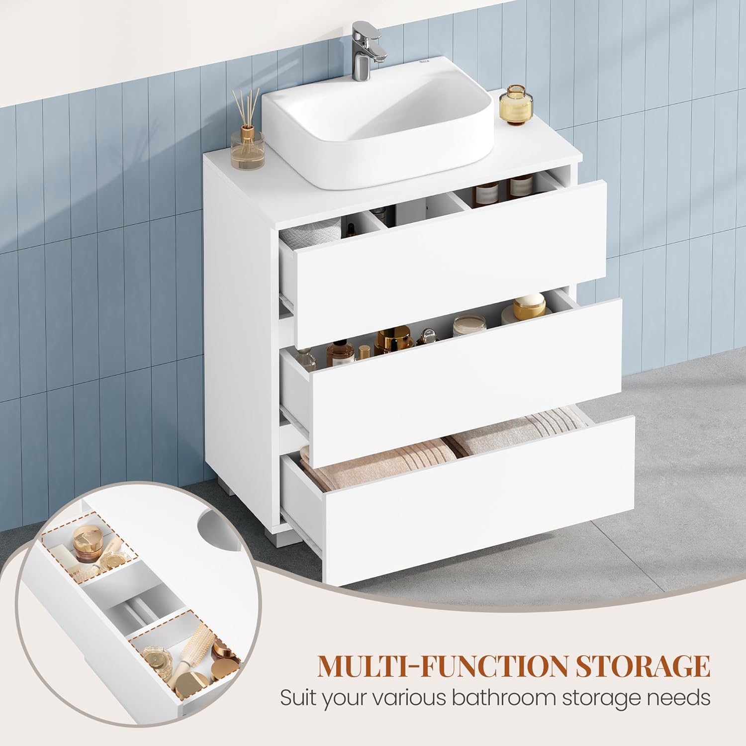 Mobile Sottolavabo per Bagno, Mobile Bagno Sottolavabo con 3 Cassetti, per Lavabo Senza Rialzo, Convient pour Bagnetto, Moderno, Bianco - 3