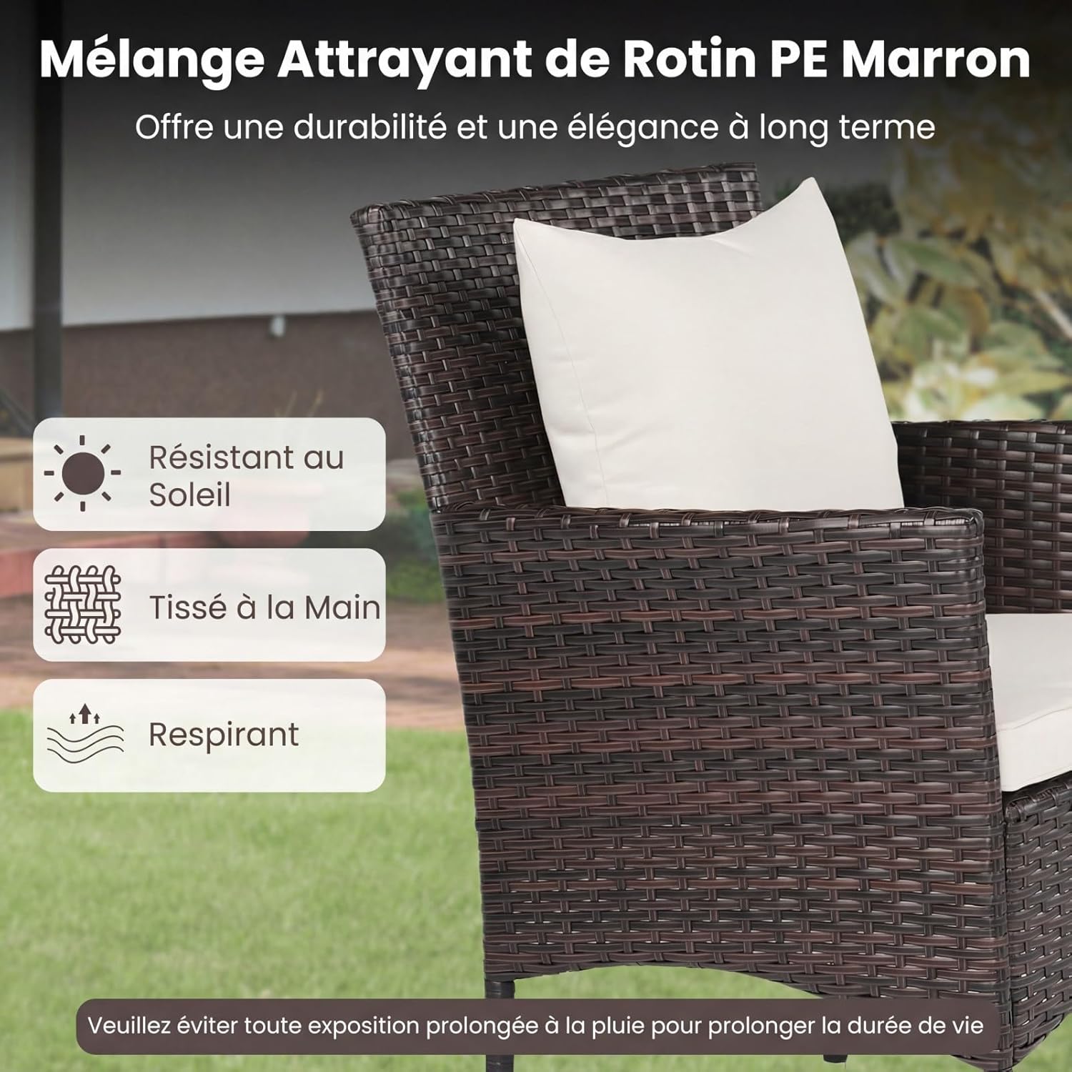 GIANTEX Conjunto Sala Jardim 3 PCS em Vime PE, com 2 Cadeiras Almofadadas Mesa Baixa Vidro Temperado 2 Níveis com Tampa, Marrom+Branco - 7