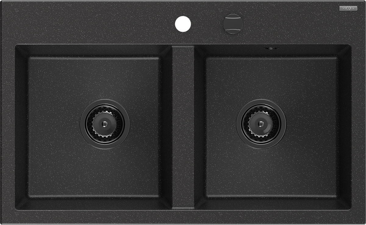 Mexen Hektor zlewozmywak granitowy 2-komorowy 800 x 480 mm, czarny/srebrny metalik, syfon czarny - 6521802000-73-B