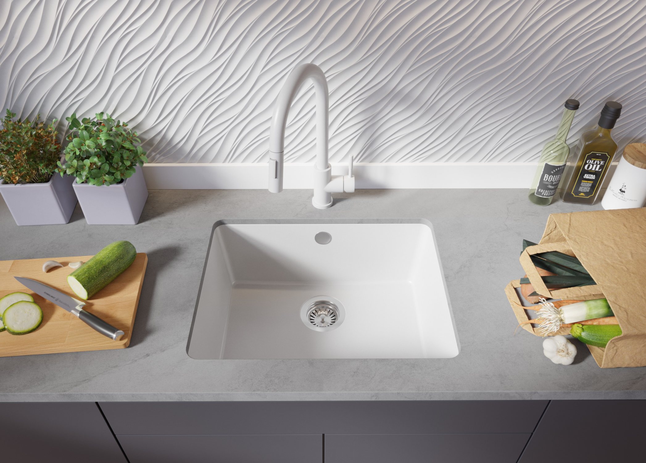 Lava-louça de encastrar Branco 56x44cm, Pia de Cozinha 1 cuba + Kit de drenagem, Pia em Granito em armários de 60cm - Veneza Easy PRIMAGRAN - 3