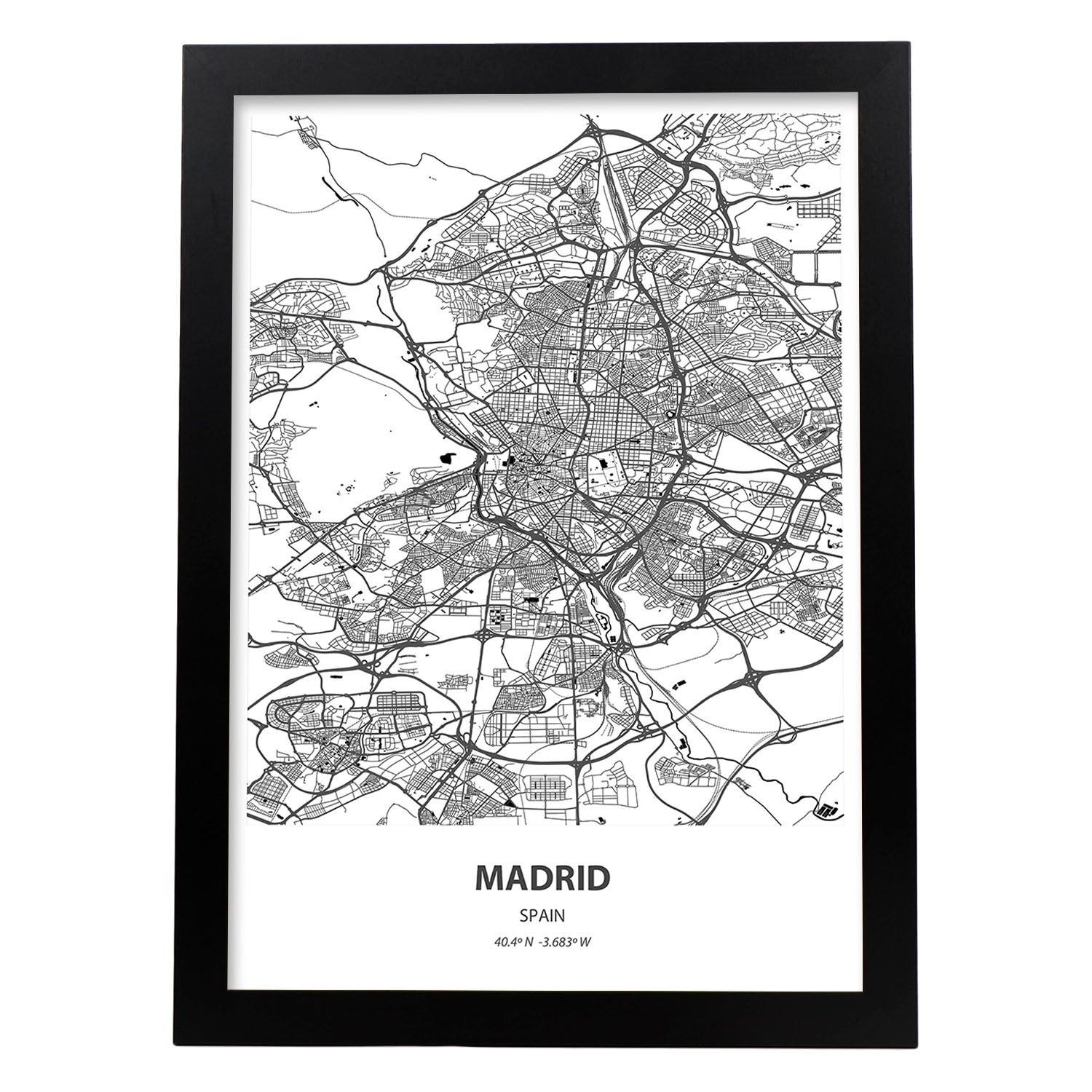 Poster con mapa de madrid espana. láminas de ciudades de espana con mares y rios en color negro. sin marco - a3