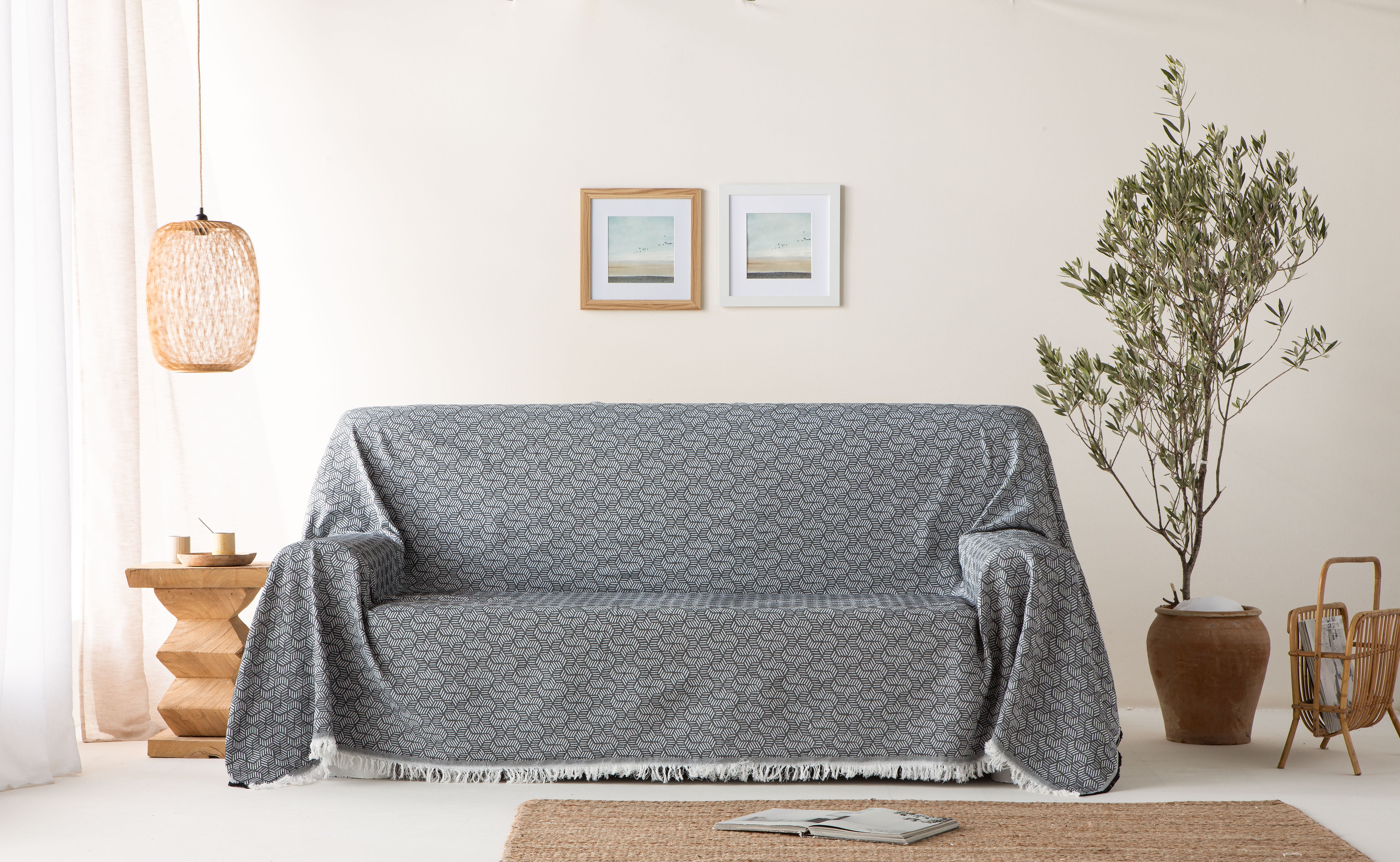 Plaid couvre-lit polyvalent, jeté de canapé Géométrique coton 140x180cm coloris Noir - 2