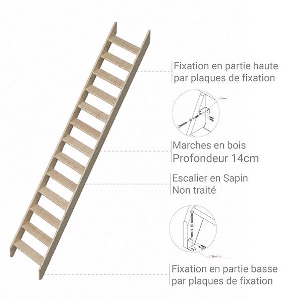 Escalier bois 13 marches - Hauteur à franchir 2.80m - Sans rampe - Largeur 0,64m - COTTAGEJ-I-280 - 3