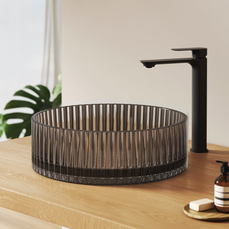 EMKE Umywalka nablatowa 40x40x12 cm, Okrągła umywalka z czarnego szkła, montaż nablatowy