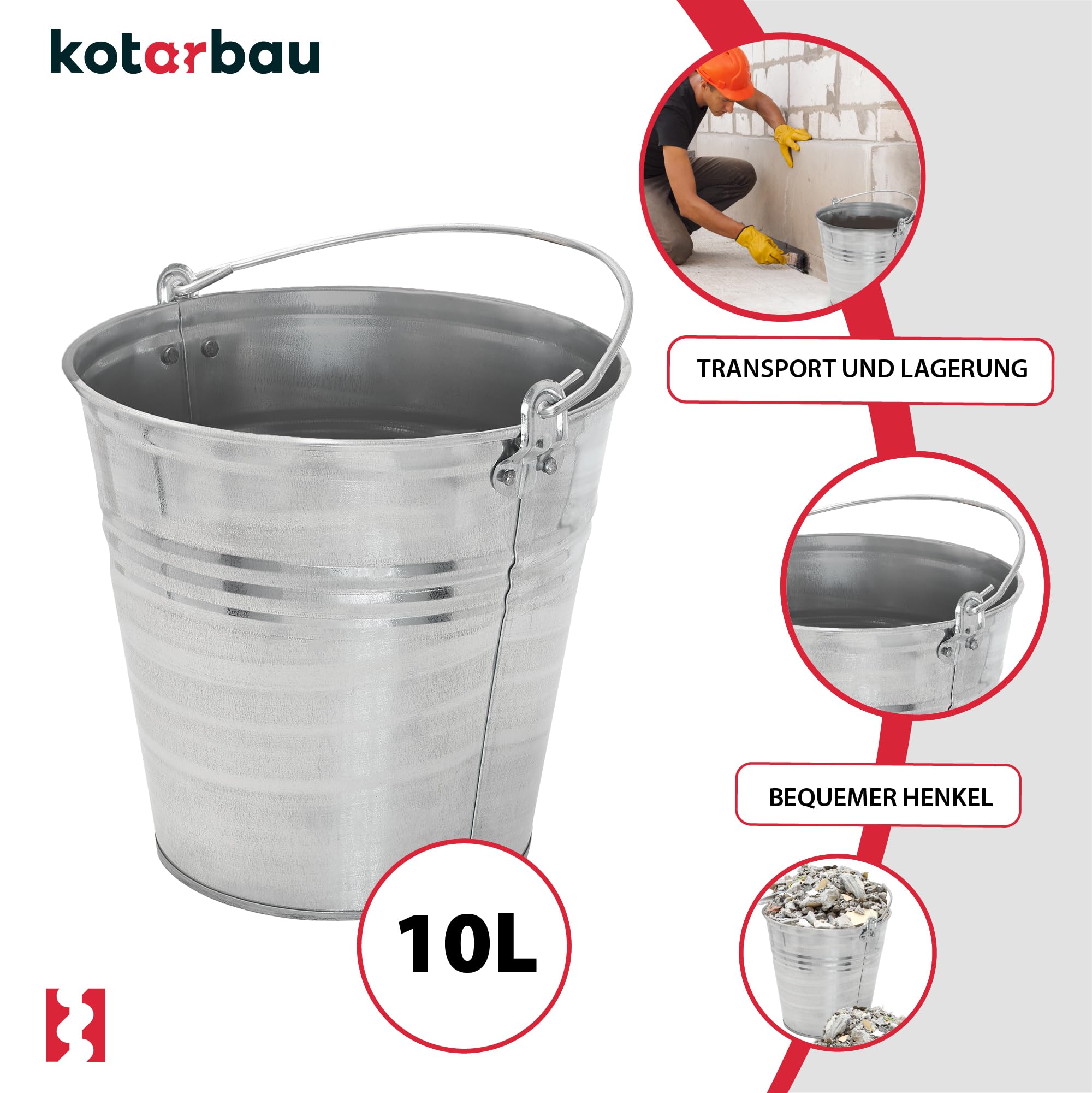 Seau à Cendre - Seau De Maçon - Acier Galvanisé - 10 L - Argent - pour le Jardinage - Résistant à la Rouille - Polyvalent KOTARBAU - 4