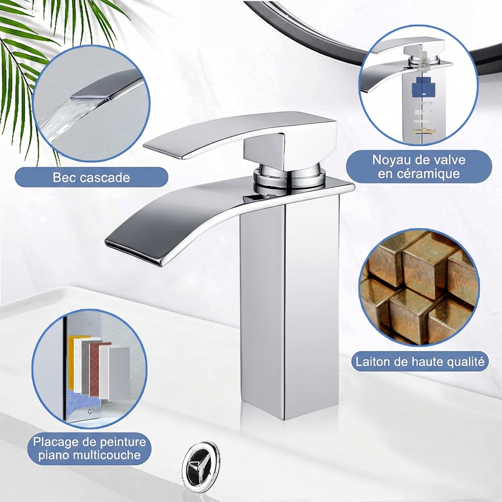 Mitigeur de Lavabo Chromé en Laiton avec Levier Unique, Robinet Salle de Bain Cascade Eau Chaude et Froide pour Lave-Mains - 6