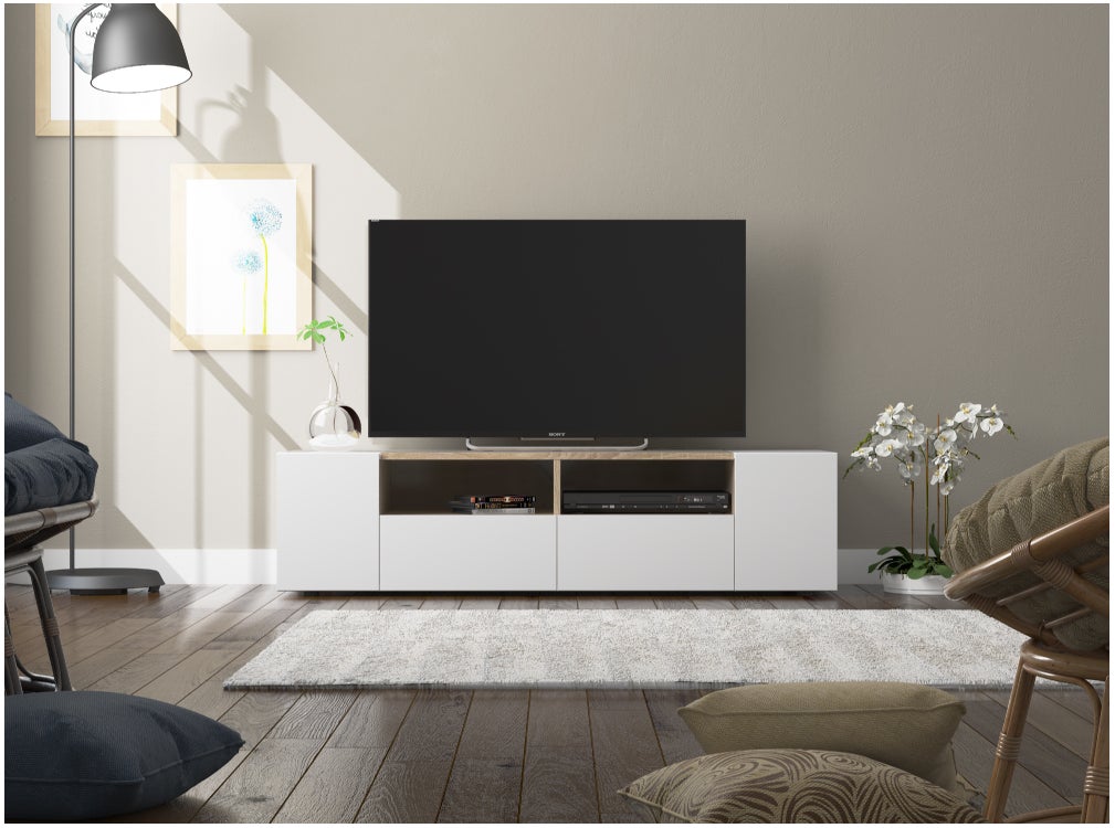 Meuble TV ALICE 4 portes et 2 niches de rangement L138cm - Blanc / Bois - 2