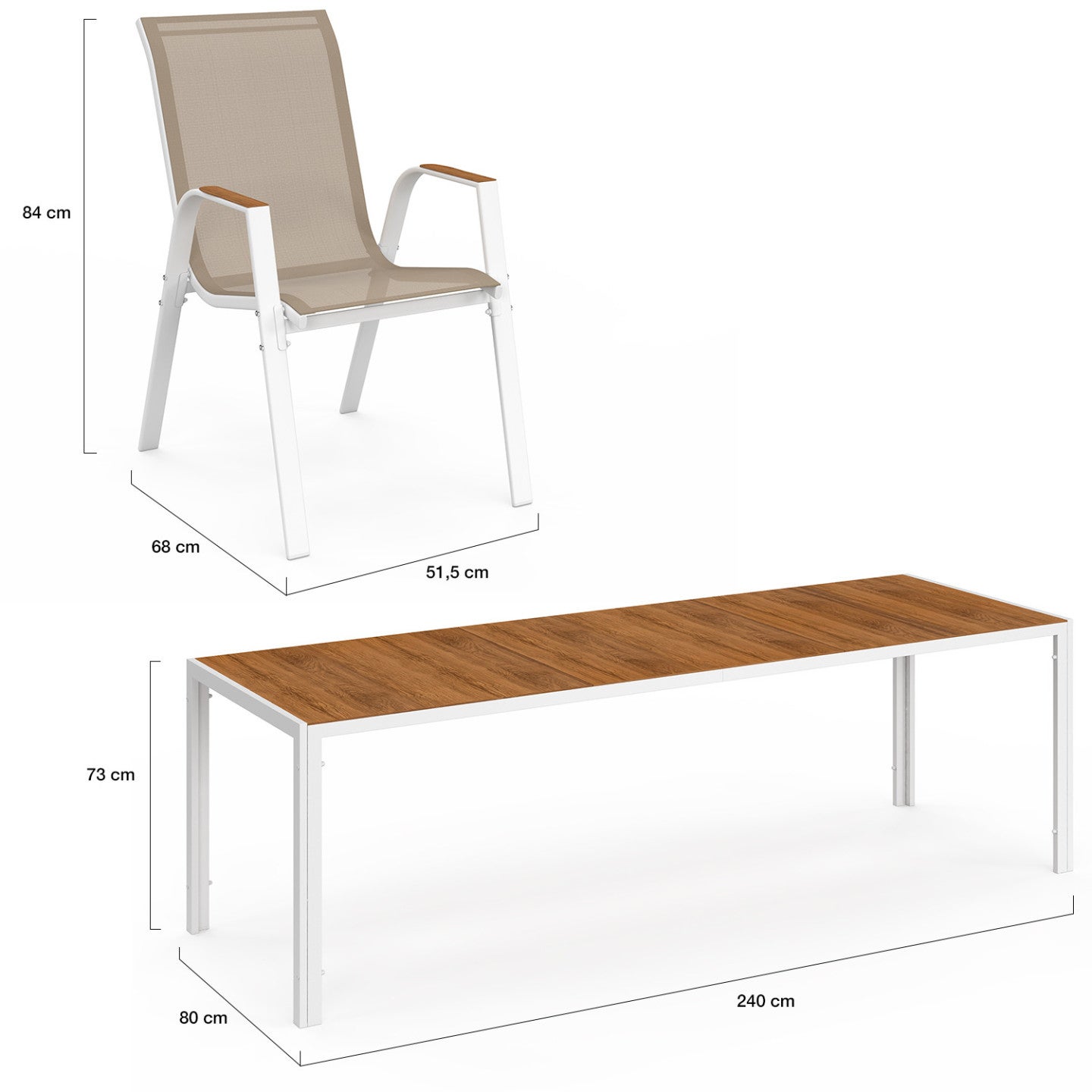 Salon de jardin NOUMEA table 240 cm plateau verre trempé effet bois et 10 chaises empilables blanc et bois - 5