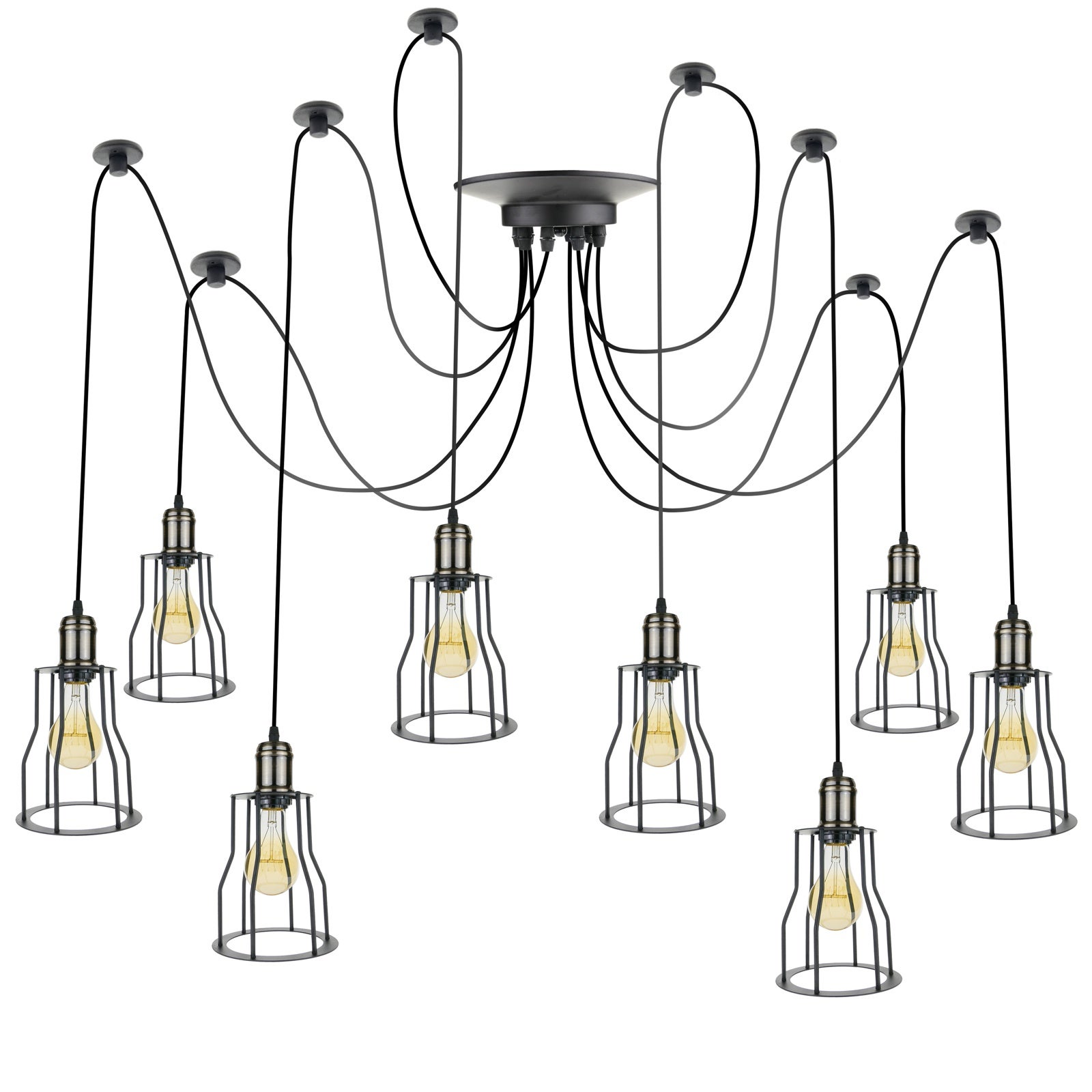 Lampadario a sospensione con gabbia lunga E27 8 lampadine 3m cavo nero - 4